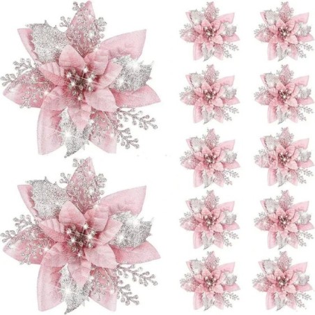 Flores artificiales con purpurina para decoración de árbol de Navidad, adornos de Feliz Año Nuevo, 5 piezas, 14,5 cm