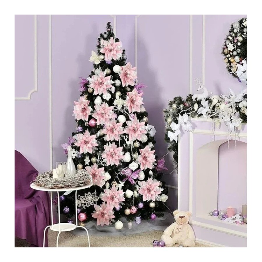 Flores artificiales con purpurina para decoración de árbol de Navidad,