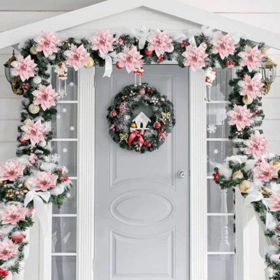 Flores artificiales con purpurina para decoración de árbol de Navidad, Flores artificiales con purpurina para decoración de árbol de Navidad,