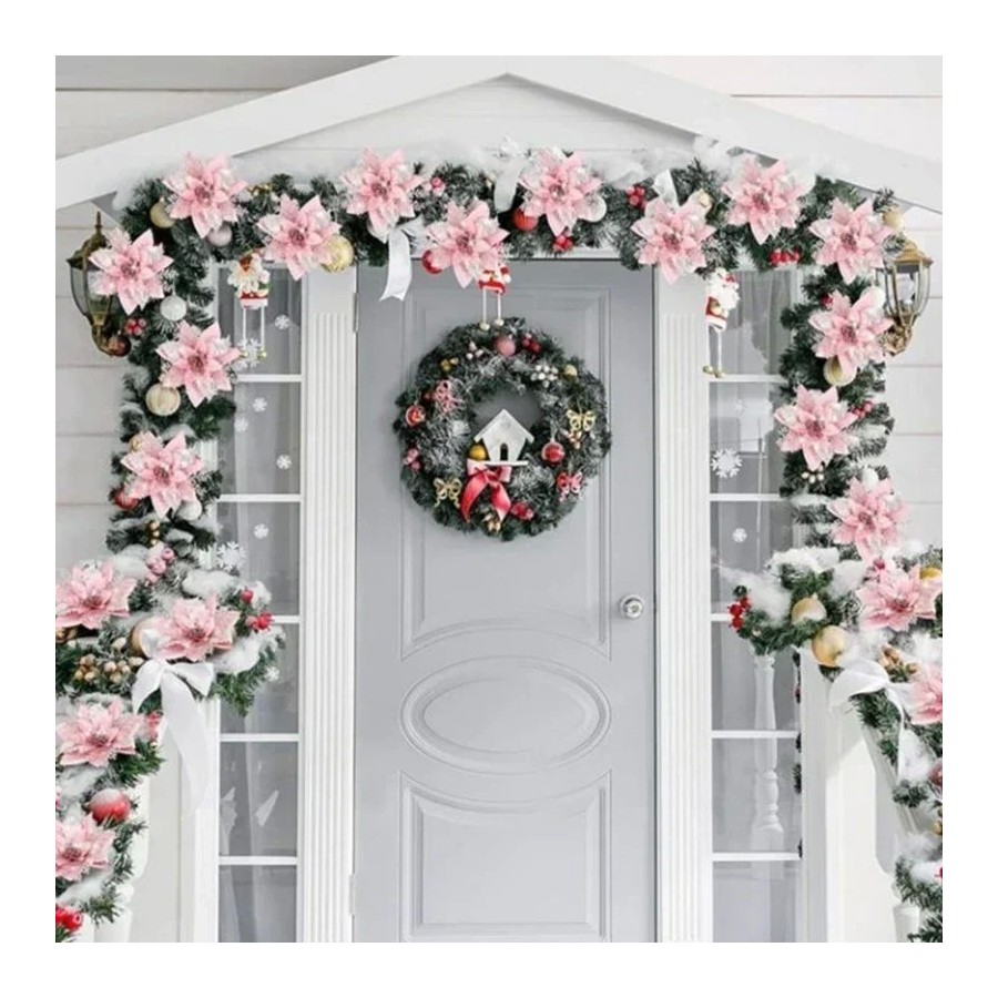 Flores artificiales con purpurina para decoración de árbol de Navidad,