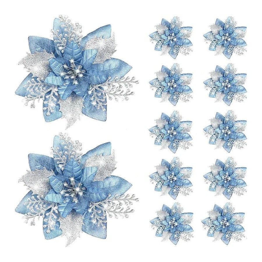 Flores artificiales con purpurina para decoración de árbol de Navidad,