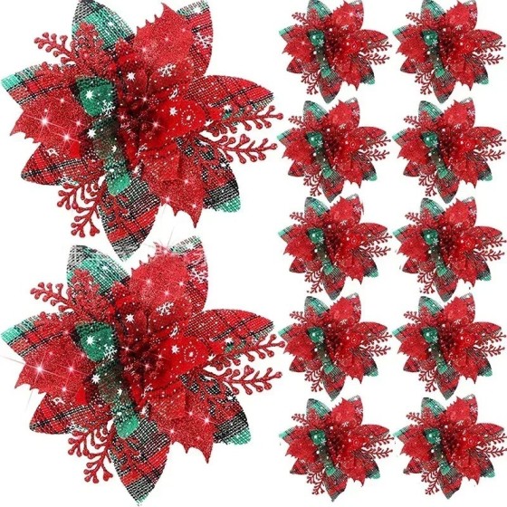 Flores artificiales con purpurina para decoración de árbol de Navidad, Flores artificiales con purpurina para decoración de árbol de Navidad,