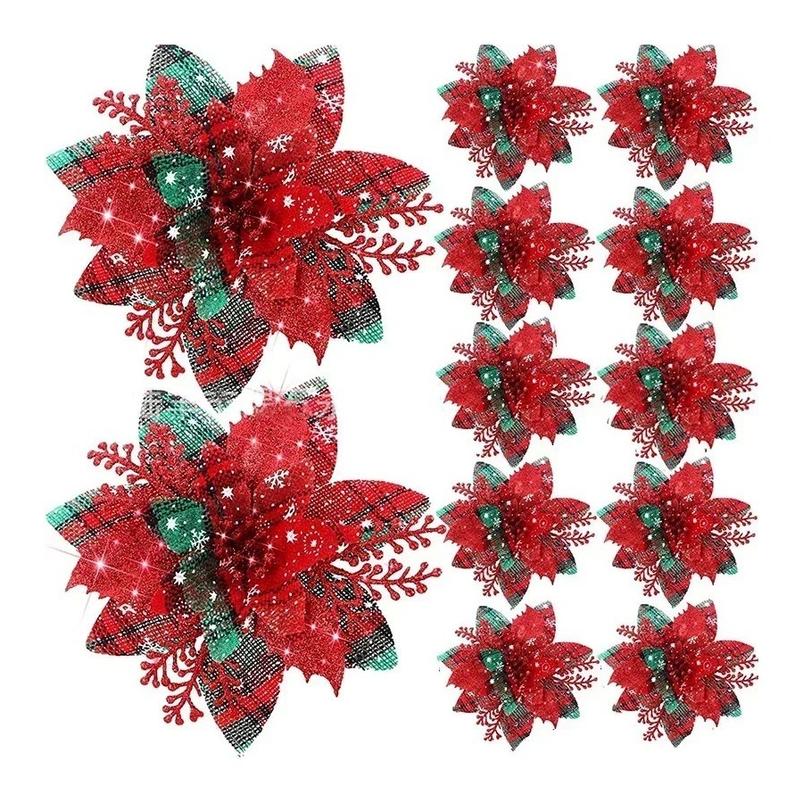 Flores artificiales con purpurina para decoración de árbol de Navidad,
