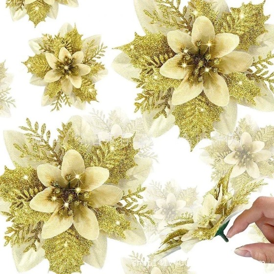 Flores artificiales con purpurina para decoración de árbol de Navidad, Flores artificiales con purpurina para decoración de árbol de Navidad,