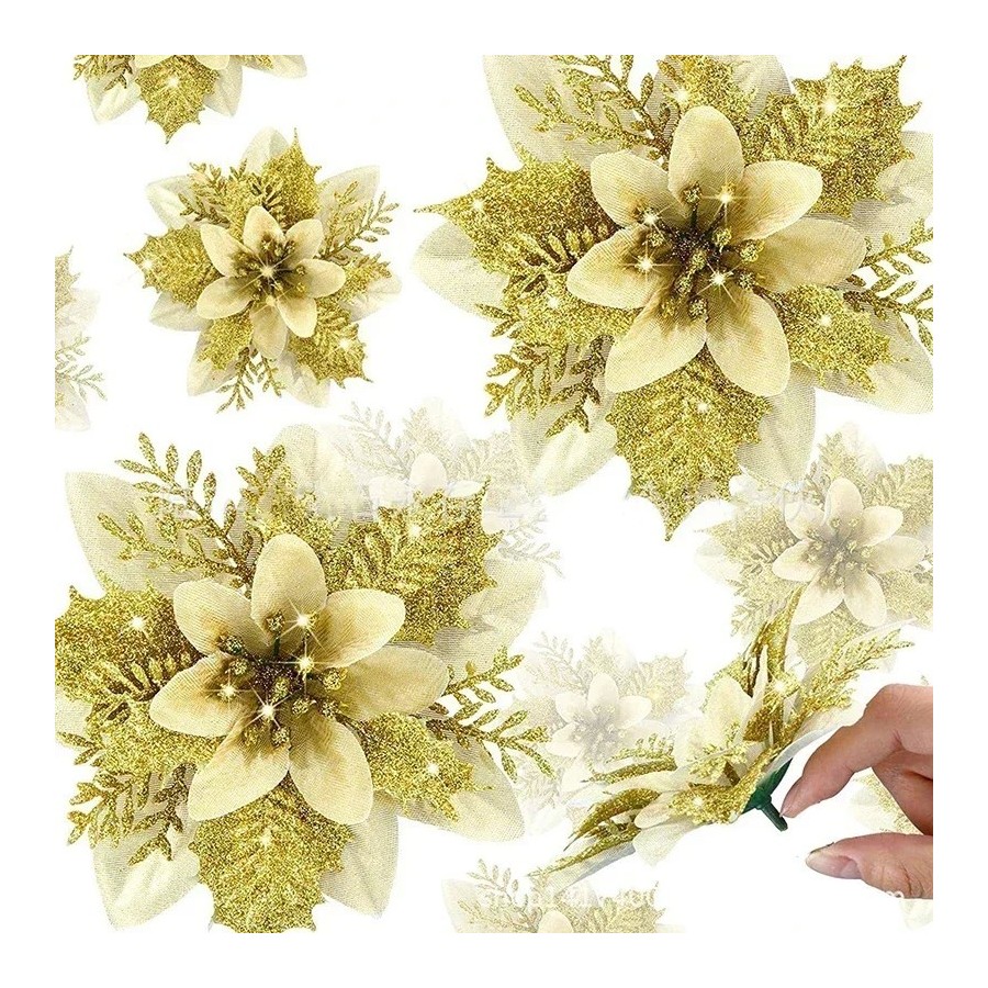 Flores artificiales con purpurina para decoración de árbol de Navidad,