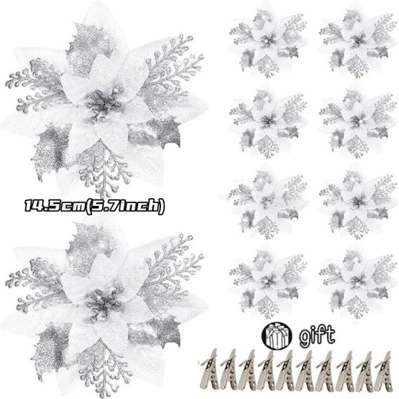 Flores artificiales con purpurina para decoración de árbol de Navidad, Flores artificiales con purpurina para decoración de árbol de Navidad,