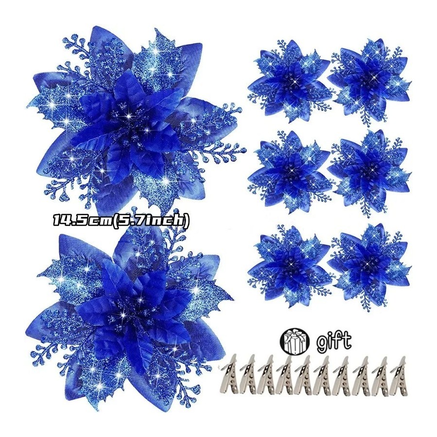 Flores artificiales con purpurina para decoración de árbol de Navidad, Flores artificiales con purpurina para decoración de árbol de Navidad,