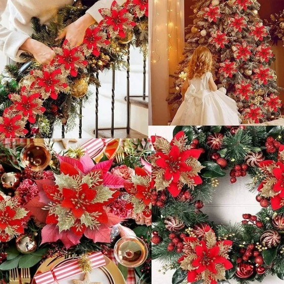 Flores artificiales con purpurina para decoración de árbol de Navidad, Flores artificiales con purpurina para decoración de árbol de Navidad,