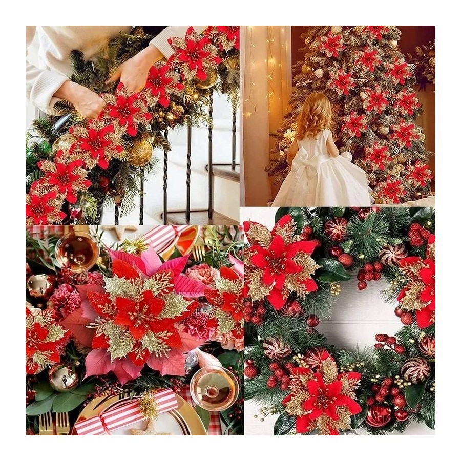 Flores artificiales con purpurina para decoración de árbol de Navidad,