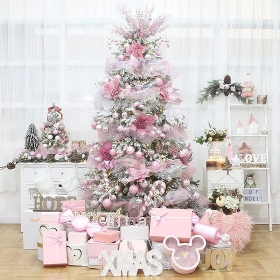 Flores artificiales con purpurina para decoración de árbol de Navidad, Flores artificiales con purpurina para decoración de árbol de Navidad,