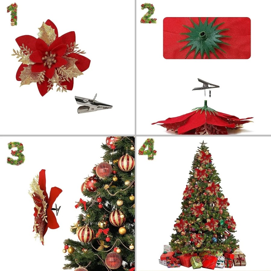 Flores artificiales con purpurina para decoración de árbol de Navidad,