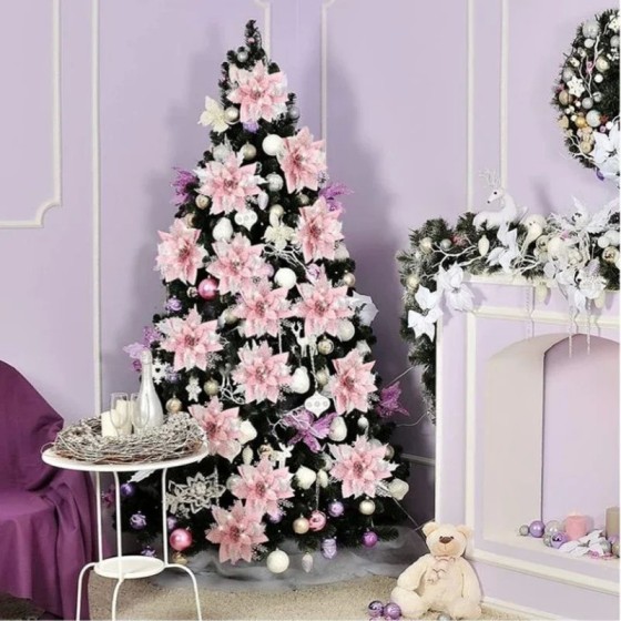 Flores artificiales con purpurina para decoración de árbol de Navidad, Flores artificiales con purpurina para decoración de árbol de Navidad,