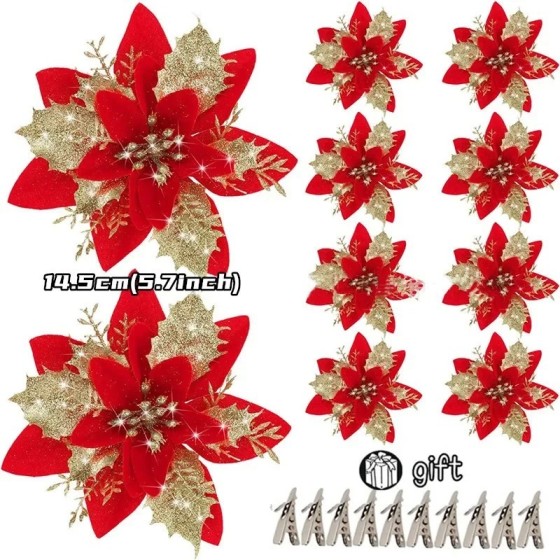 Flores artificiales con purpurina para decoración de árbol de Navidad, Flores artificiales con purpurina para decoración de árbol de Navidad,