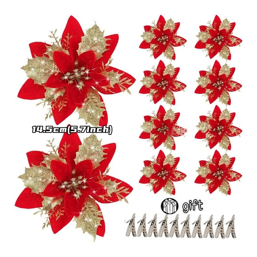 Flores artificiales con purpurina para decoración de árbol de Navidad,