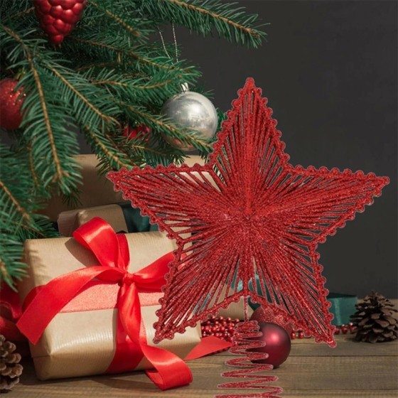 Adorno de estrella de hierro con purpurina roja para árbol de Navidad,