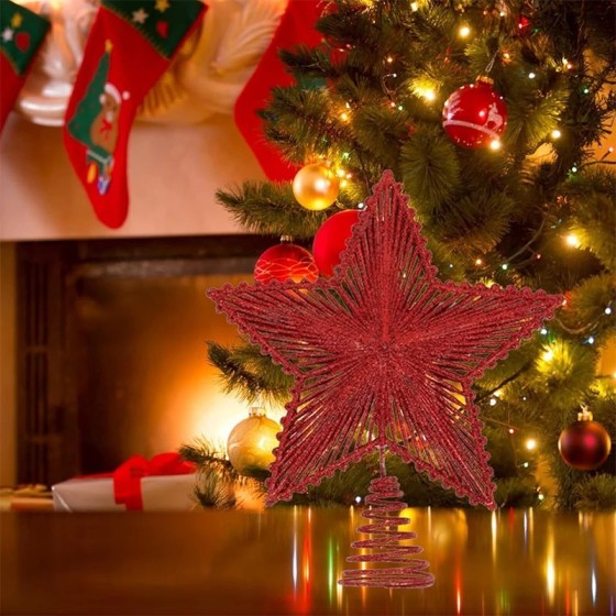 Adorno de estrella de hierro con purpurina roja para árbol de Navidad,