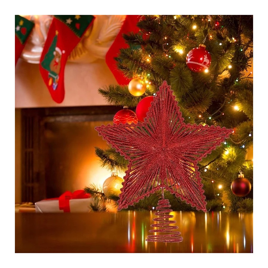 Adorno de estrella de hierro con purpurina roja para árbol de Navidad,