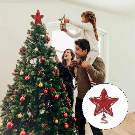 Adorno de estrella de hierro con purpurina roja para árbol de Navidad,
