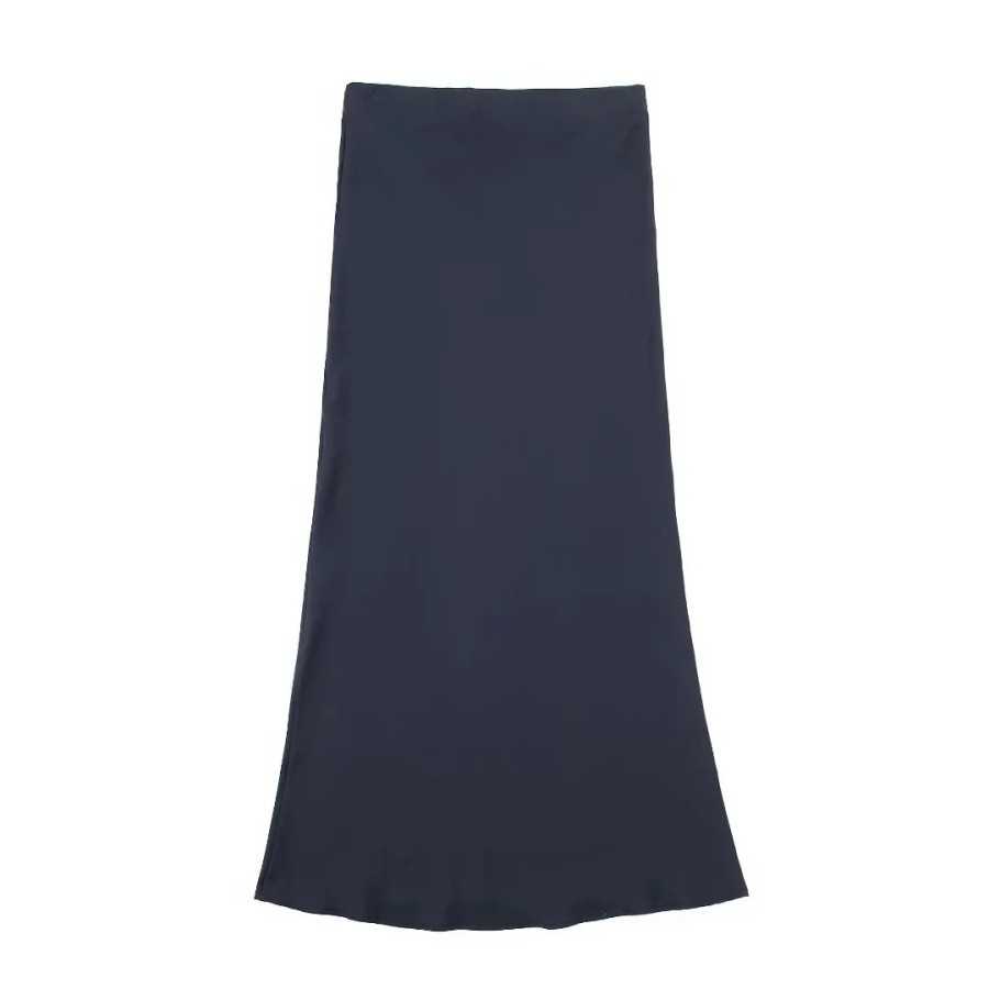 TRAFZA-Falda larga de satén para mujer, prenda informal de cintura alt