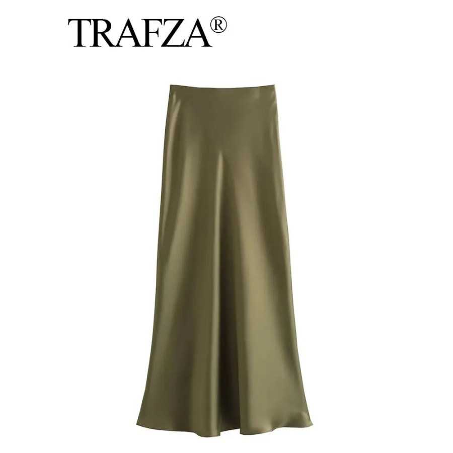 TRAFZA-Falda larga de satén para mujer, prenda informal de cintura alt