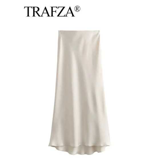 TRAFZA-Falda larga de satén para mujer, prenda informal de cintura alt