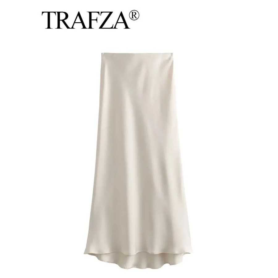 TRAFZA-Falda larga de satén para mujer, prenda informal de cintura alt
