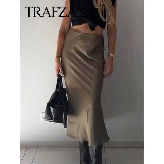 TRAFZA-Falda larga de satén para mujer, prenda informal de cintura alt