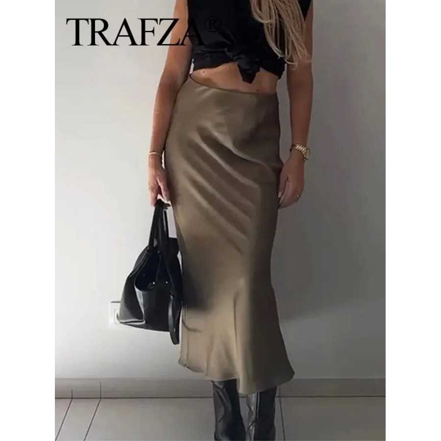 TRAFZA-Falda larga de satén para mujer, prenda informal de cintura alt