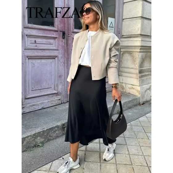 TRAFZA-Falda larga de satén para mujer, prenda informal de cintura alt
