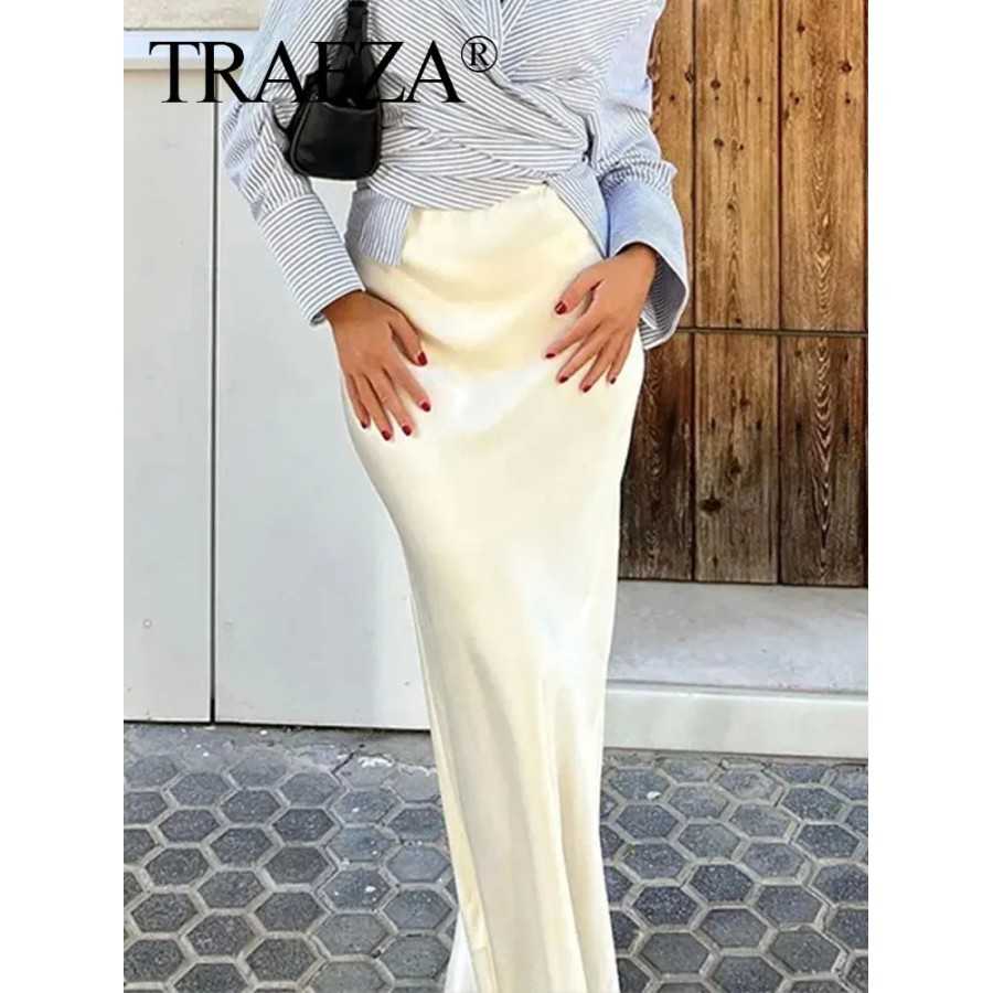 TRAFZA-Falda larga de satén para mujer, prenda informal de cintura alt