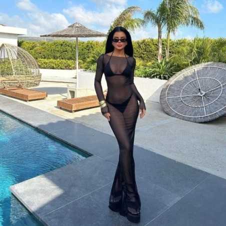 Vestido transparente de malla con cuello oblicuo para mujer, Jersey ajustado Sexy de manga larga, vestidos sólidos hasta el suel