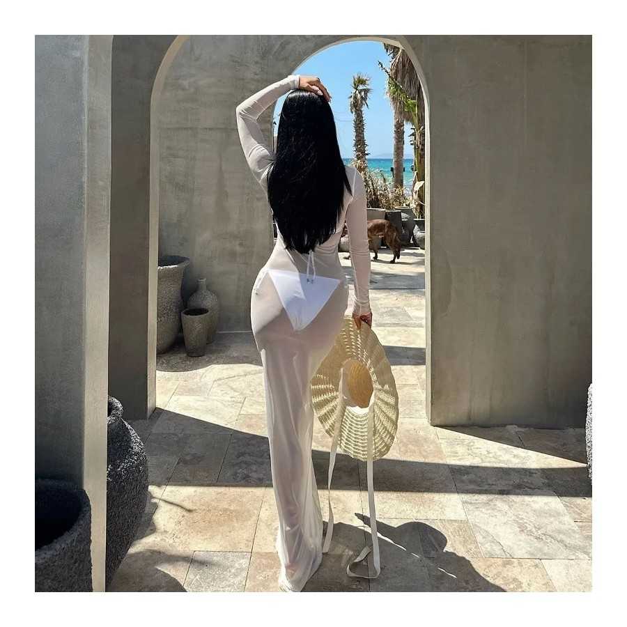 Vestido transparente de malla con cuello oblicuo para mujer, Jersey aj