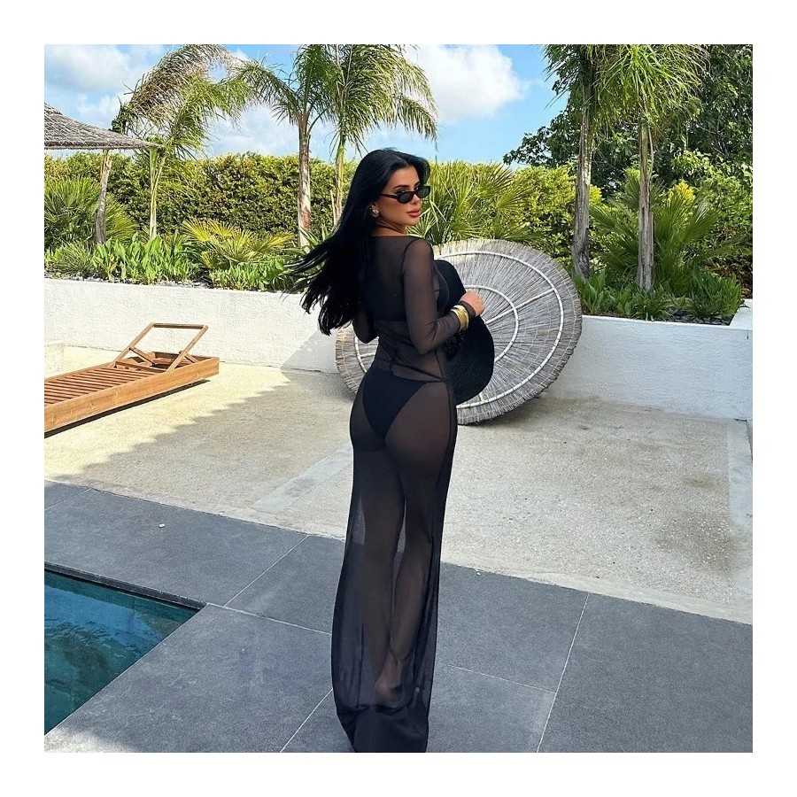 Vestido transparente de malla con cuello oblicuo para mujer, Jersey aj