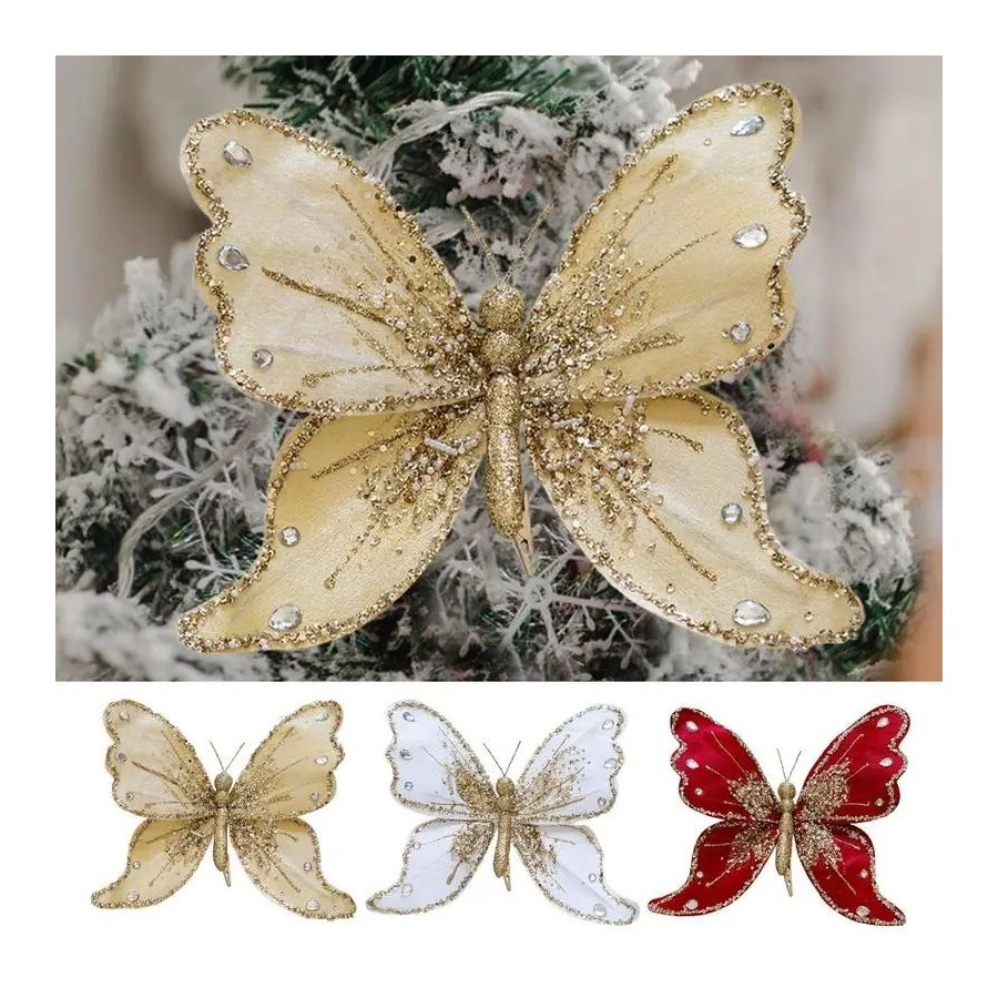 Adornos de mariposa para árbol de Navidad, adorno de mariposa de tela,