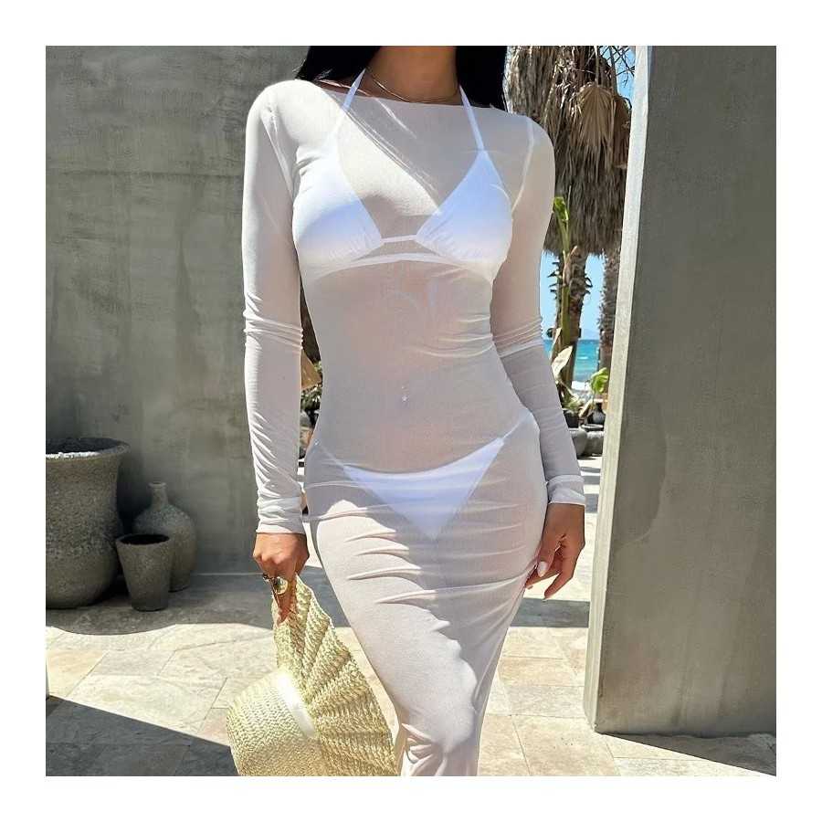 Vestido transparente de malla con cuello oblicuo para mujer, Jersey aj