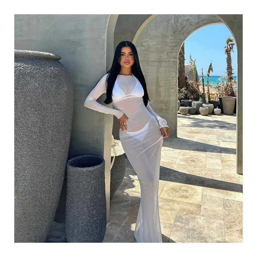 Vestido transparente de malla con cuello oblicuo para mujer, Jersey aj