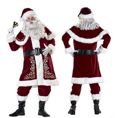 Traje de Papá Noel para adultos, traje de Cosplay de terciopelo rojo de lujo, conjunto de 8 piezas, trajes familiares para fiest