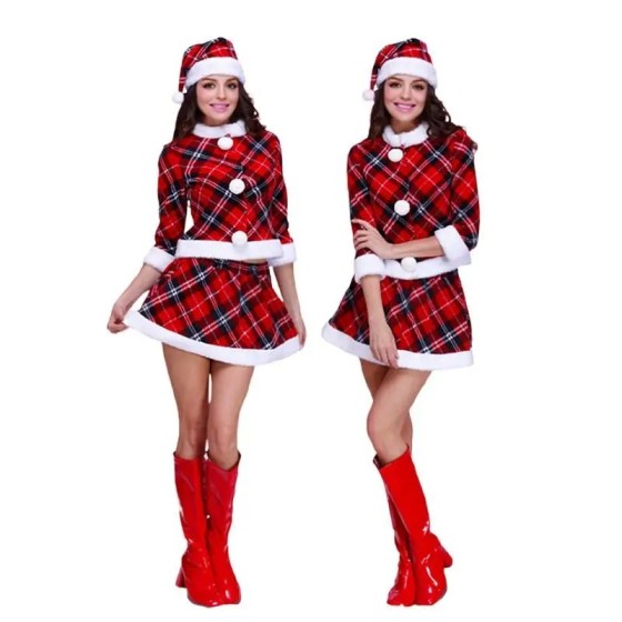 Disfraz de Papá Noel para mujer, traje de Navidad a cuadros rojos, uni