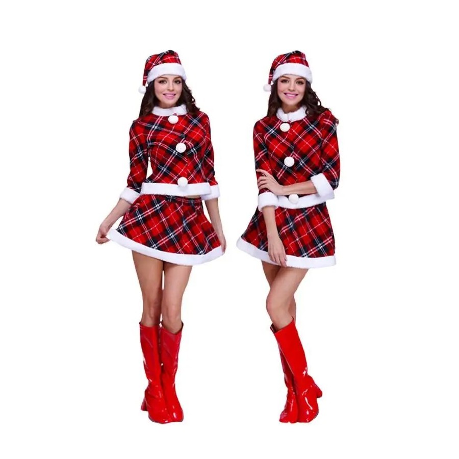 Disfraz de Papá Noel para mujer, traje de Navidad a cuadros rojos, uni