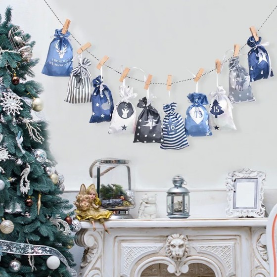 Calendario de Adviento para decoración navideña, 24 piezas, bolsas de 