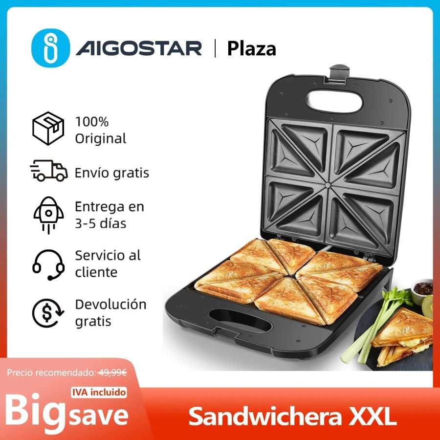 Sandwichera XXL para 4 Sándwiches, Recubrimiento Antiadherente, Calentamiento Rápido, Control Automático de Temperatura, Indicad