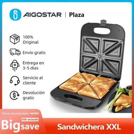 Sandwichera XXL para 4 Sándwiches, Recubrimiento Antiadherente, Calentamiento Rápido, Control Automático de Temperatura, Indicad