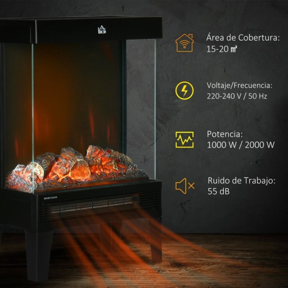 HOMCOM Chimenea Eléctrica 1000W/2000W con Llama LED Ajustable 40,5x20x