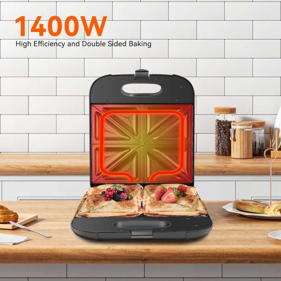 Sandwichera XXL para 4 Sándwiches, Recubrimiento Antiadherente, Calentamiento Rápido, Control Automático de Temperatura, Indicad