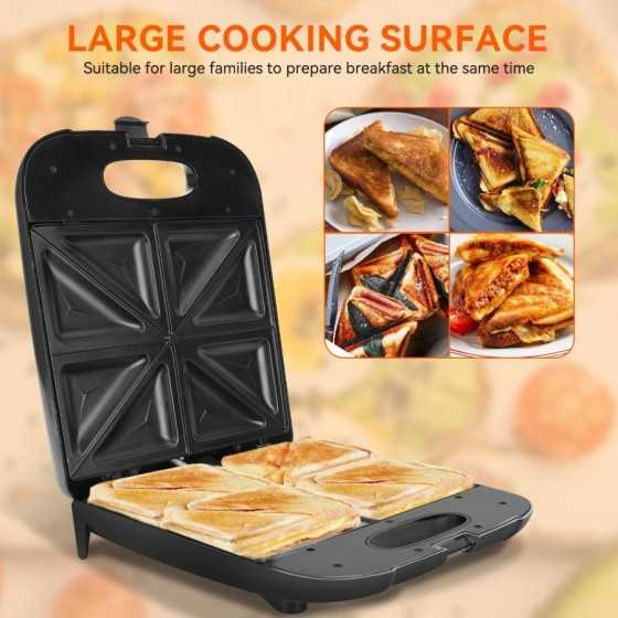 Sandwichera XXL para 4 Sándwiches, Recubrimiento Antiadherente, Calentamiento Rápido, Control Automático de Temperatura, Indicad