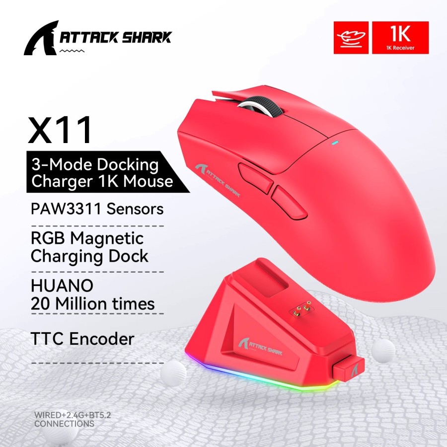 Ratón inalámbrico Attack Shark X11 Paw3311, 22000DPI, Bluetooth, tres 