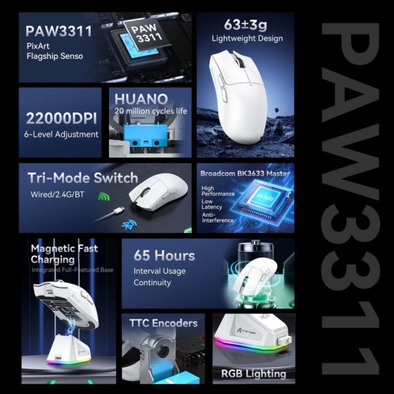 Ratón inalámbrico Attack Shark X11 Paw3311, 22000DPI, Bluetooth, tres 