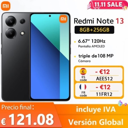 Xiaomi Redmi Note 13 4G 8GB RAM 256GB ROM Pantalla FHD+AMOLED de 120HZ Cámara de 108MP Carga de 33W 5000mAh Versión global