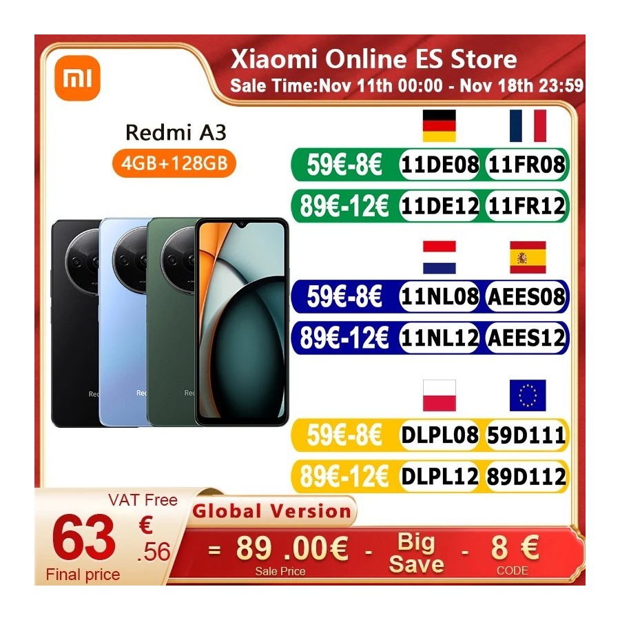 Xiaomi-Smartphone Redmi A3 versión Global, 4GB, 128GB, pantalla de 6,7 Xiaomi-Smartphone Redmi A3 versión Global, 4GB, 128GB, pantalla de 6,7