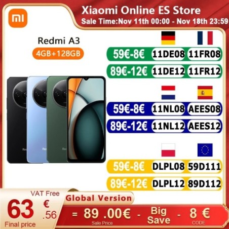 Xiaomi-Smartphone Redmi A3 versión Global, 4GB, 128GB, pantalla de 6,71 pulgadas, 90Hz, huella dactilar lateral, carga rápida de